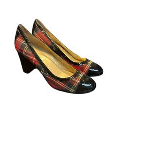 Franco Sarto Red Black Heels Patent Leather Empire 8 Highland Games Tartan Plaid